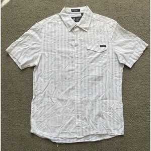 Fox Deluxe Stripe Button Up Shirt Mens M White Blue Short Sleeve Y2K